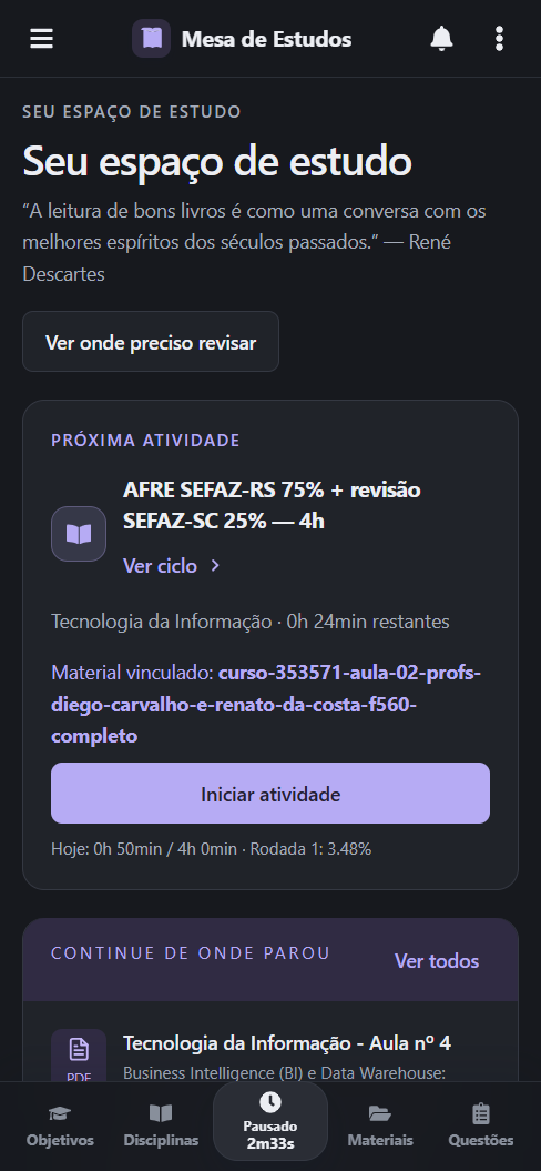 Painel no tema Grafite em celular, com próxima atividade e navegação inferior.