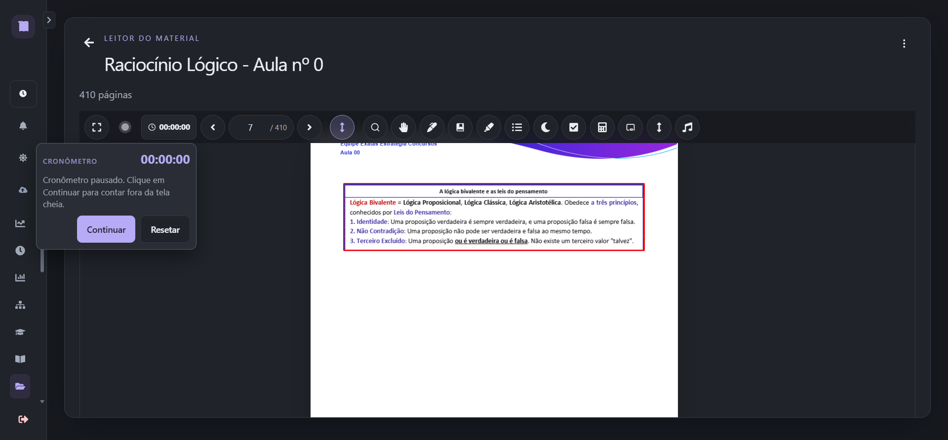 Leitor de PDF no tema Grafite com os controles do cronômetro abertos.
